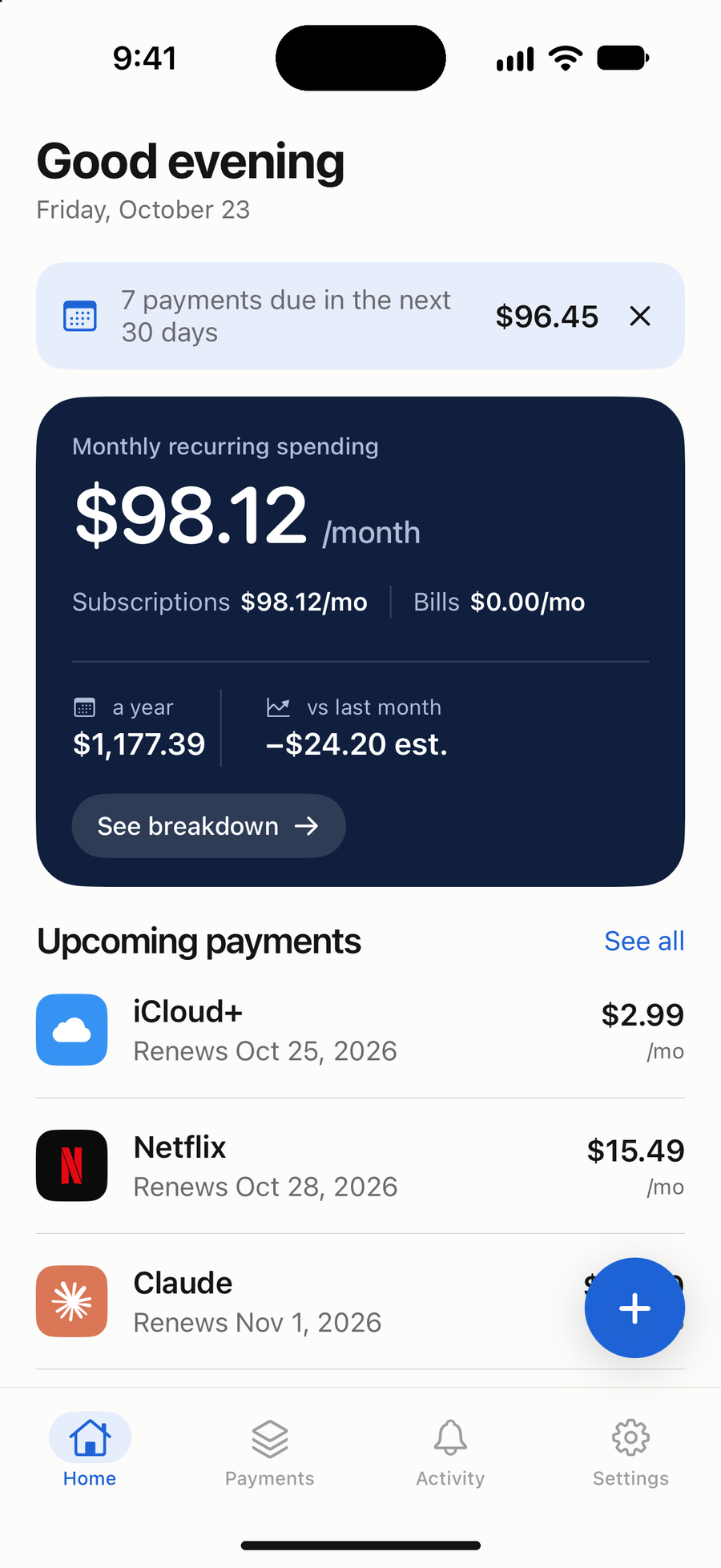 Subkick Home showing monthly spend and upcoming renewals