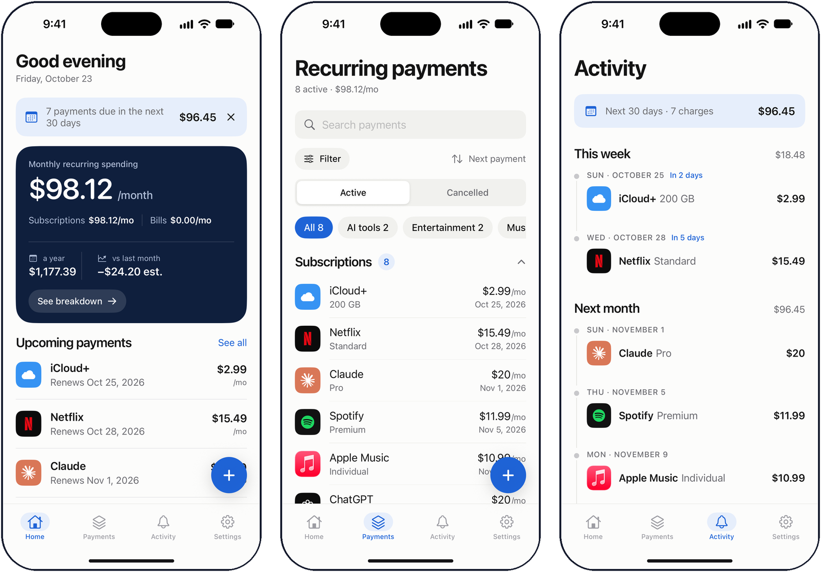 Subkick's Home, Subscriptions, and Activity screens